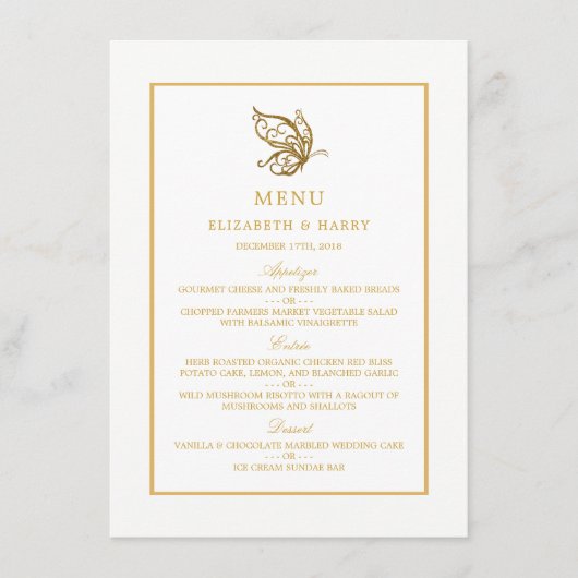  gouden glitter vlinder bruiloft menu (Voorkant)