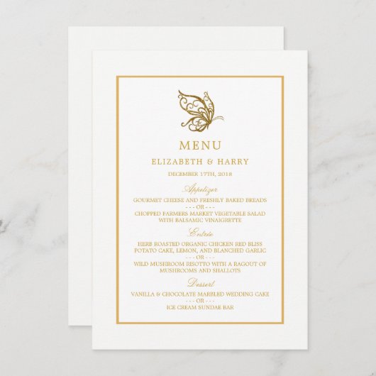  gouden glitter vlinder bruiloft menu (Voorkant / Achterkant)