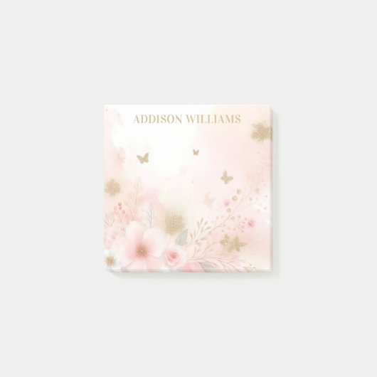 Gouden Glitter Vlinder Roze Bloemen Gepersonalisee Post-it® Notes (Voorkant)
