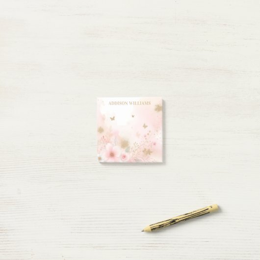 Gouden Glitter Vlinder Roze Bloemen Gepersonalisee Post-it® Notes (Op bureau)