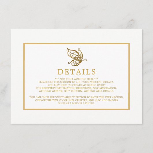  gouden glitter vlinder trouwdetail informatiekaartje (Voorkant)