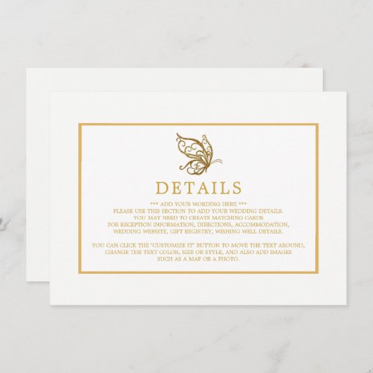  gouden glitter vlinder trouwdetail informatiekaartje (Voorkant / Achterkant)