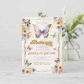 Gouden Glitter Vlinder Verjaardag uitnodiging (Staand voorkant)