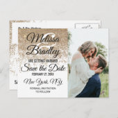 Gouden Glitter Vonken Witte Save the Date Aankondigingskaart (Voorkant / Achterkant)