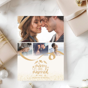 Gouden Glitter Vrolijk en Getrouwd 4 Foto Feestdagenkaart