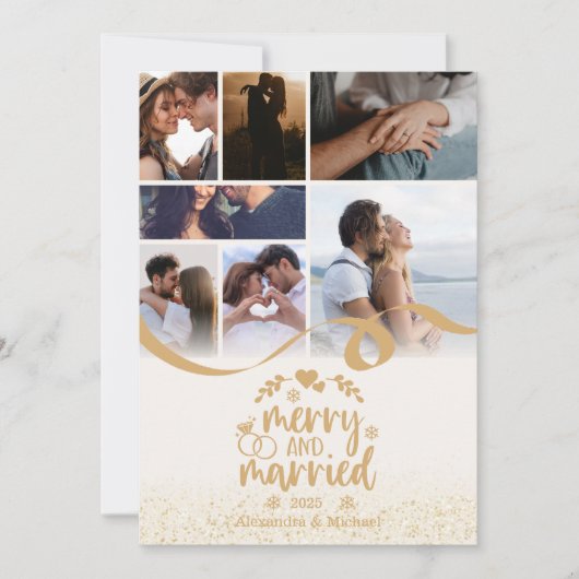 Gouden Glitter Vrolijk en Getrouwd 7 Foto Feestdagenkaart (Voorkant)