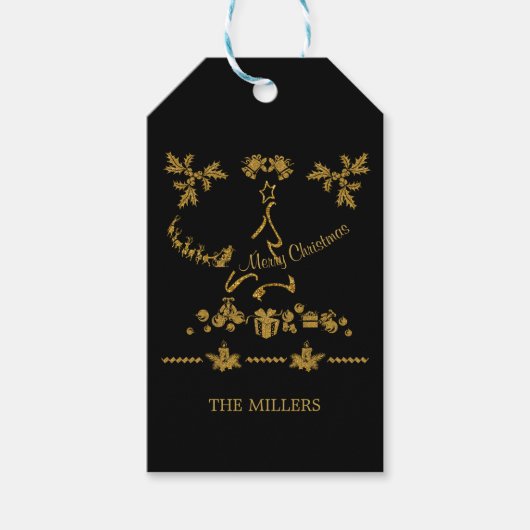 Gouden Glitter Vrolijk Kerstfeest, Kerstman Cadeaulabel (Voorkant)