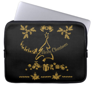 Gouden Glitter Vrolijk Kerstfeest, Kerstman Laptop Sleeve