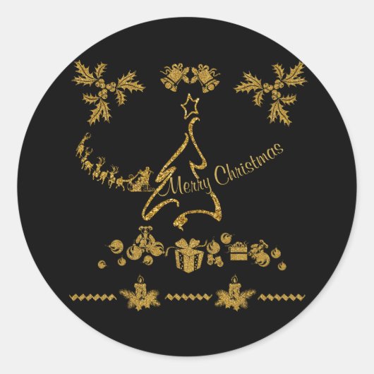 Gouden Glitter Vrolijk Kerstfeest, Kerstman Ronde Sticker (Voorkant)