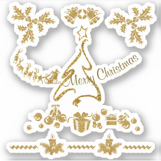 Gouden Glitter Vrolijk Kerstfeest, Kerstman Sticker (Voorkant)