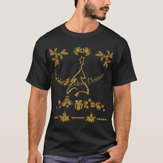 Gouden Glitter Vrolijk Kerstfeest, Kerstman T-shirt (Voorkant)