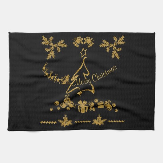 Gouden Glitter Vrolijk Kerstfeest, Kerstman Theedoek (Horizontaal)