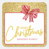 Gouden Glitter Vrolijk Kerstfeest Rode Boog Feeste Vierkante Sticker (Voorkant)