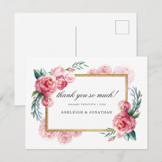 Gouden Glitter & Waterverf Bloemen | Dank je Briefkaart (Voorkant / Achterkant)