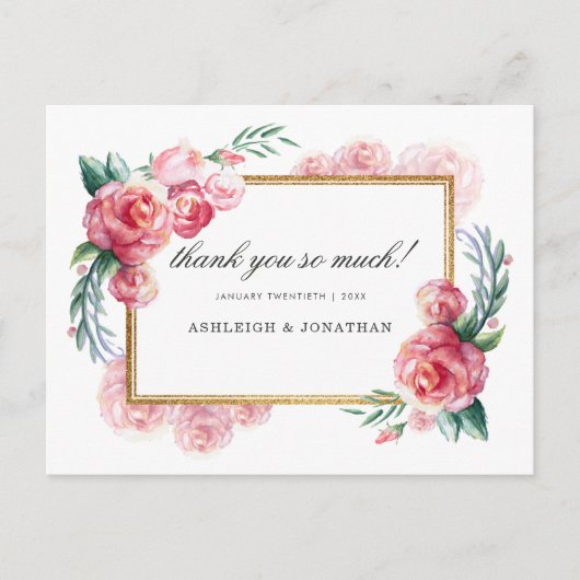 Gouden Glitter & Waterverf Bloemen | Dank je Briefkaart (Voorkant)