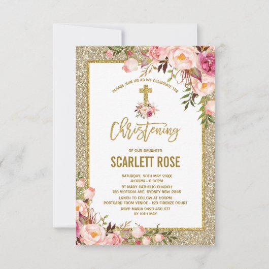 Gouden Glitter Waterverf Bloemen Meisje Doop Kaart (Voorkant)