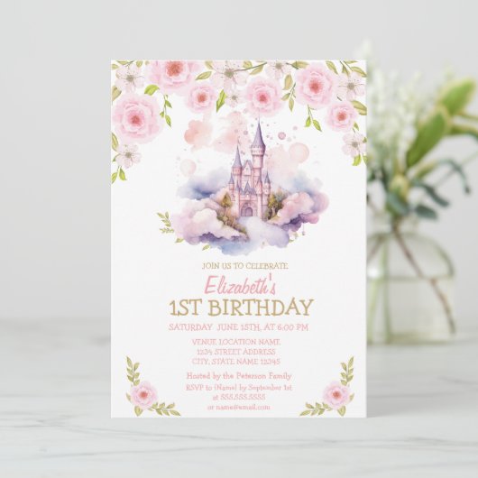 Gouden Glitter, Waterverf Castle, Floral Birthday Kaart (Staand voorkant)
