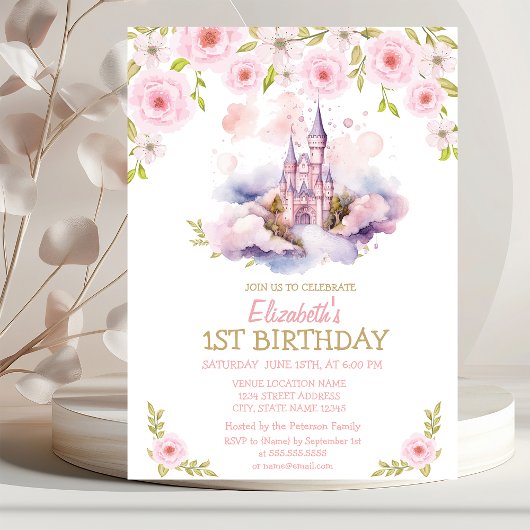 Gouden Glitter, Waterverf Castle, Floral Birthday Kaart