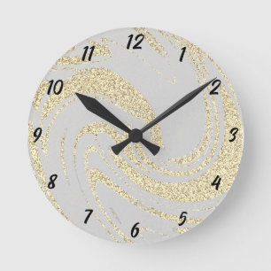 Gouden Glitter Wave Patroon Beige Ivoor Cream Deco Ronde Klok