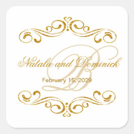 Gouden glitter wervelingen Bruiloft Monogram Logo Vierkante Sticker