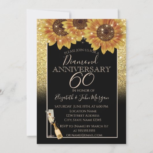 Gouden glitter, wijn, glas, zonnebloemen jubileum kaart (Voorkant)