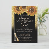 Gouden glitter, wijn, glas, zonnebloemen jubileum kaart (Staand voorkant)