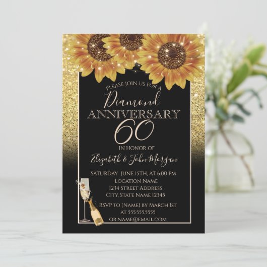 Gouden glitter, wijn, glas, zonnebloemen jubileum kaart (Staand voorkant)