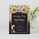 Gouden glitter, wijn, glas, zonnebloemen Violet bl Kaart (Staand voorkant)