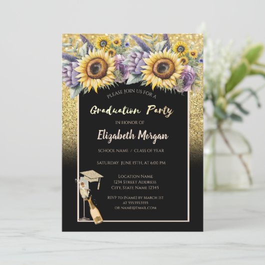 Gouden glitter, wijn, glas, zonnebloemen Violet bl Kaart (Staand voorkant)