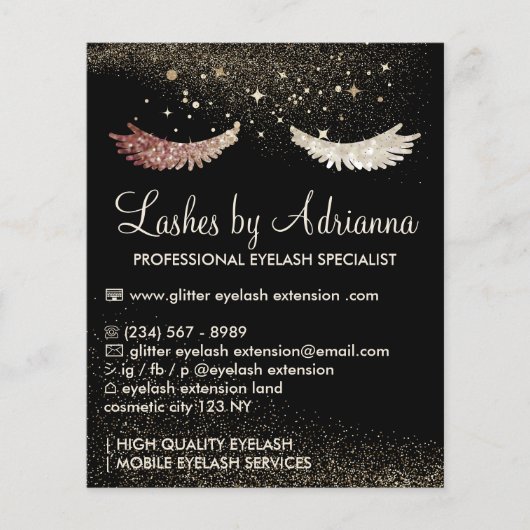 Gouden Glitter Wimper Extensie Nazorg Budget Flyer (Voorkant)