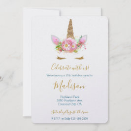 Gouden Glitter Wimpers Roze Bloem Eenhoorn Verjaar Kaart