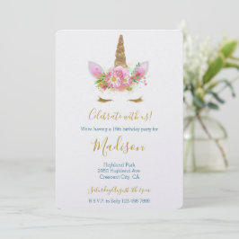 Gouden Glitter Wimpers Roze Bloem Eenhoorn Verjaar Kaart