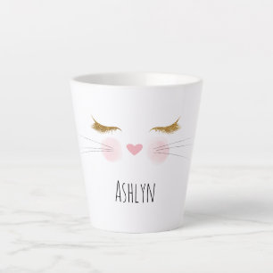 Gouden Glitter Wimpers Roze Neus Kitty Kat Gezicht Latte Mok