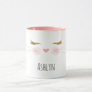 Gouden Glitter Wimpers Roze Neus Kitty Kat Gezicht Mok