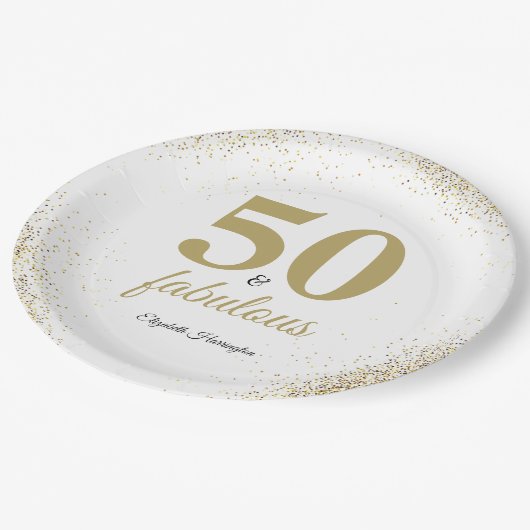 Gouden Glitter Wit 50 en Fabulous Verjaardag Papieren Bordje (Gekanteld)