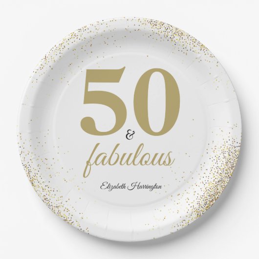 Gouden Glitter Wit 50 en Fabulous Verjaardag Papieren Bordje (Voorkant)