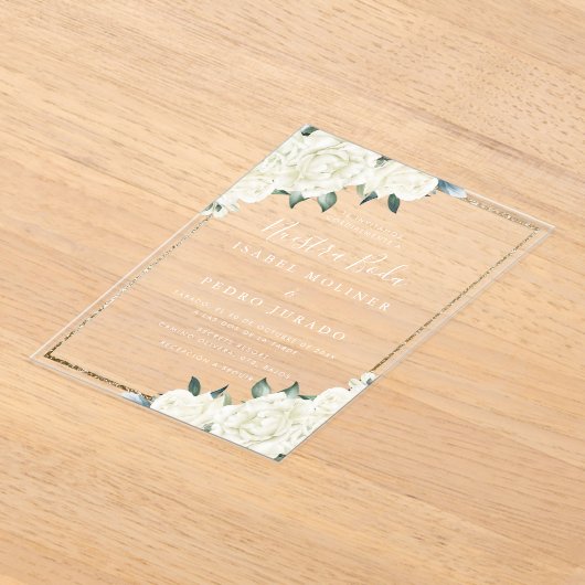 Gouden Glitter Wit Bloemen Nuestra Boda Bruiloft Acryl Uitnodigingen (Laagn)