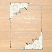 Gouden Glitter Wit Bloemen Nuestra Boda Bruiloft Acryl Uitnodigingen (Voorkant)