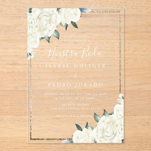 Gouden Glitter Wit Bloemen Nuestra Boda Bruiloft Acryl Uitnodigingen (Voorkant)