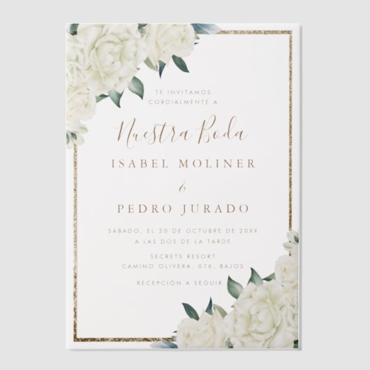 Gouden Glitter Wit Bloemen Nuestra Boda Bruiloft Vellum Uitnodigingen (Voorkant)