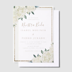 Gouden Glitter Wit Bloemen Nuestra Boda Bruiloft Vellum Uitnodigingen