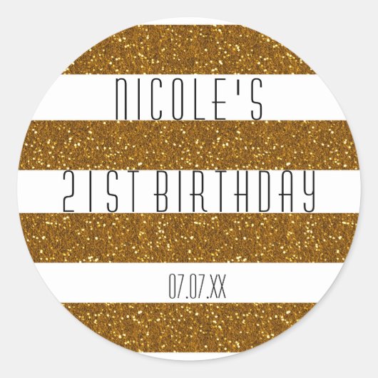Gouden Glitter & Wit Gestreepte Party Favor Sticke Ronde Sticker (Voorkant)