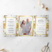 Gouden Glitter Wit Grijs Marmer Foto Bruiloft Drieluik Uitnodiging (Binnen)