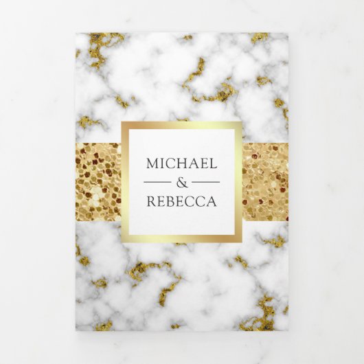 Gouden Glitter Wit Grijs Marmer Foto Bruiloft Drieluik Uitnodiging (Cover)