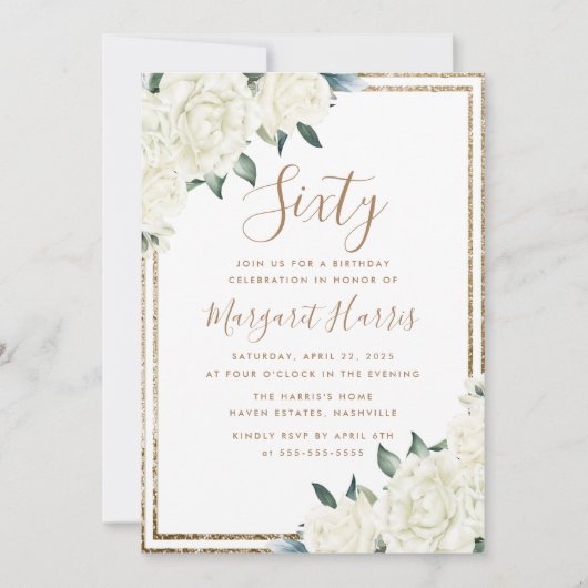 Gouden Glitter Witte Bloem 60e Zestig Verjaardag Kaart (Voorkant)
