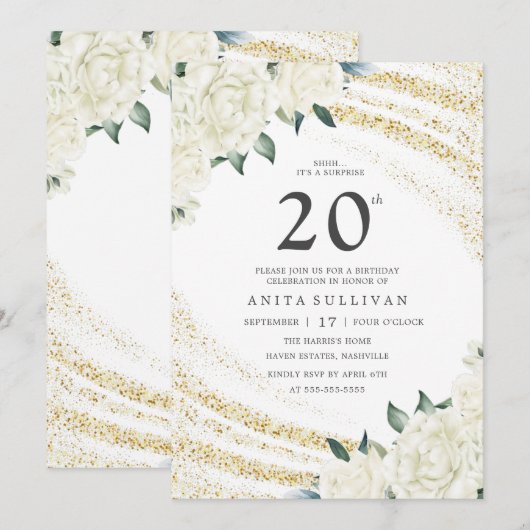 Gouden Glitter Witte Bloemen Twintigste Verjaardag Kaart (Voorkant / Achterkant)