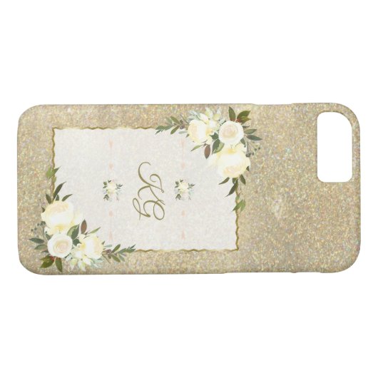 Gouden Glitter Witte Bloemige Monogram Case-Mate iPhone Case (Achterkant (Horizontaal))