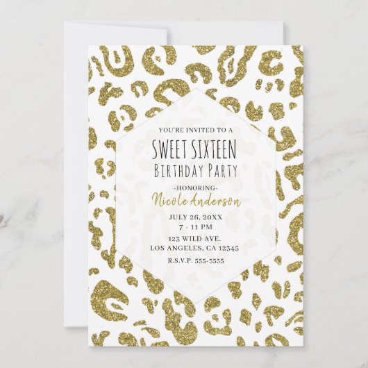 Gouden Glitter Witte Cheetah Leopard Sweet 16 Part Kaart (Voorkant)