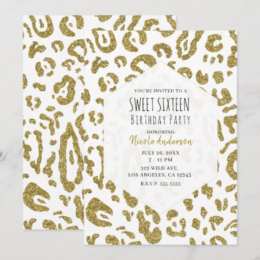 Gouden Glitter Witte Cheetah Leopard Sweet 16 Part Kaart (Voorkant / Achterkant)