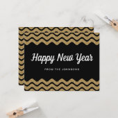 Gouden Glitter Witte Chevron Strepen Nieuwjaar Kaart (Voorkant / Achterkant in situ)